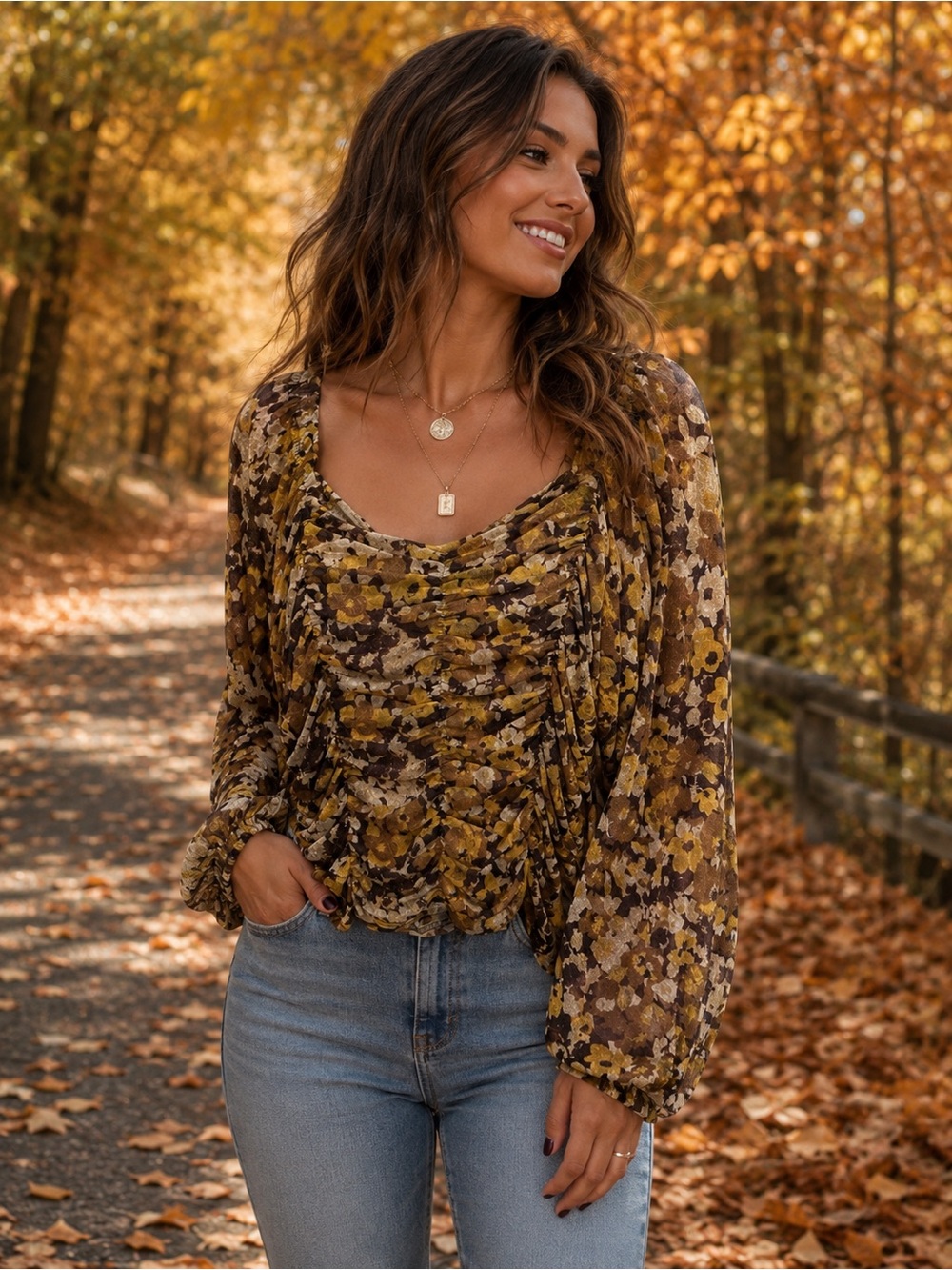 Jane and Delancey Floral Ruched Long-Sleeve Top in Mustard and Brown